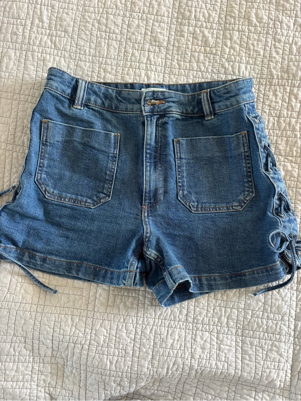 H&M Blue Denim Shorts with Side Lace-Up Detail